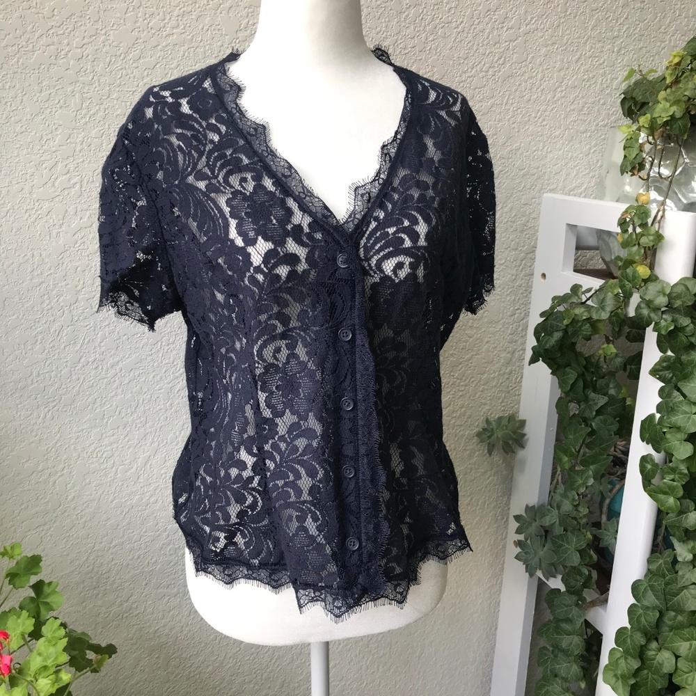 Cabi Sheer Lace Floral Short Sleeve Button Blouse